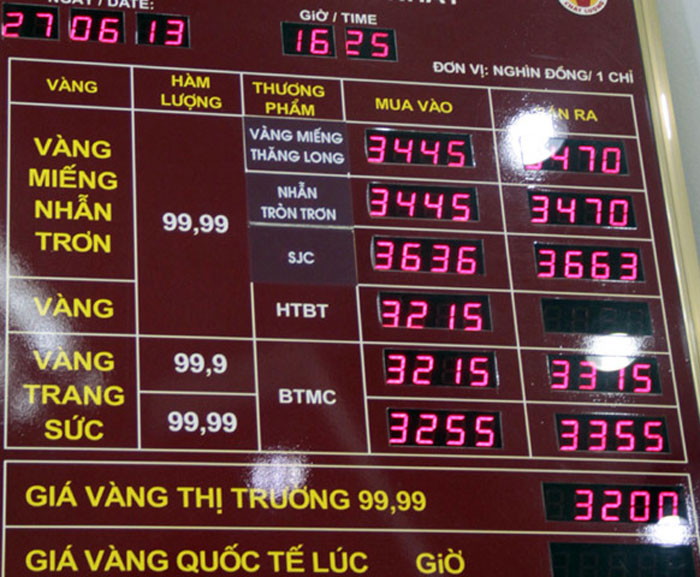 Bảng niêm yết giá vàng cuối giờ chiều ngày 27/6 tại cửa hàng Bảo Tín Minh Châu. Bảng niêm yết giá vàng cuối giờ chiều ngày 27/6 tại cửa hàng Bảo Tín Minh Châu.
