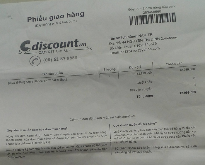 Phiếu giao hàng của Cdiscounnt.vn - ảnh do anh Hùng cung cấp. Phiếu giao hàng của Cdiscounnt.vn - ảnh do anh Hùng cung cấp.