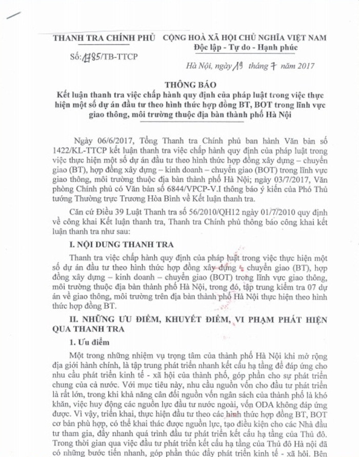 Kết luận thanh tra việc chấp hành quy định pháp luật trong quá trình thực hiện một số dự án theo hình thức hợp đồng theo hình thức BT, BOT trong lĩnh vực giao thông, môi trường trên địa bàn Thành phố Hà Nội - ảnh chụp màn hình.