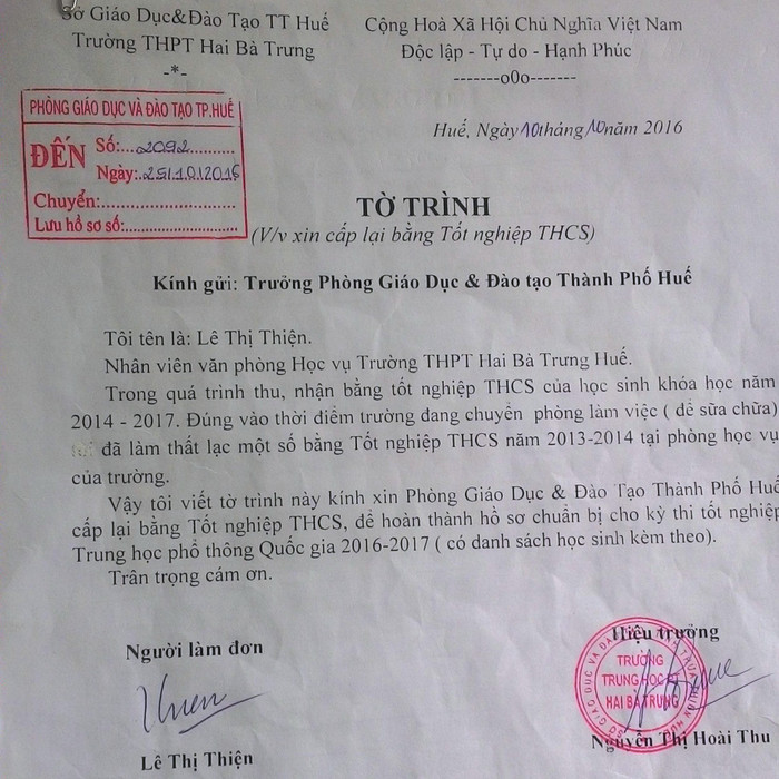 Tờ trình xin cấp lại bằng tốt nghiệp của Trường Trung học phổ thông Hai Bà Trưng (TP.Huế). Ảnh: AN Tờ trình xin cấp lại bằng tốt nghiệp của Trường Trung học phổ thông Hai Bà Trưng (TP.Huế). Ảnh: AN