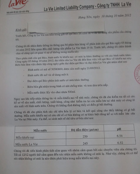 Công văn trả lời của LaVie khẳng định không có mùi lạ trong bình nước. Công văn trả lời của LaVie khẳng định không có mùi lạ trong bình nước.