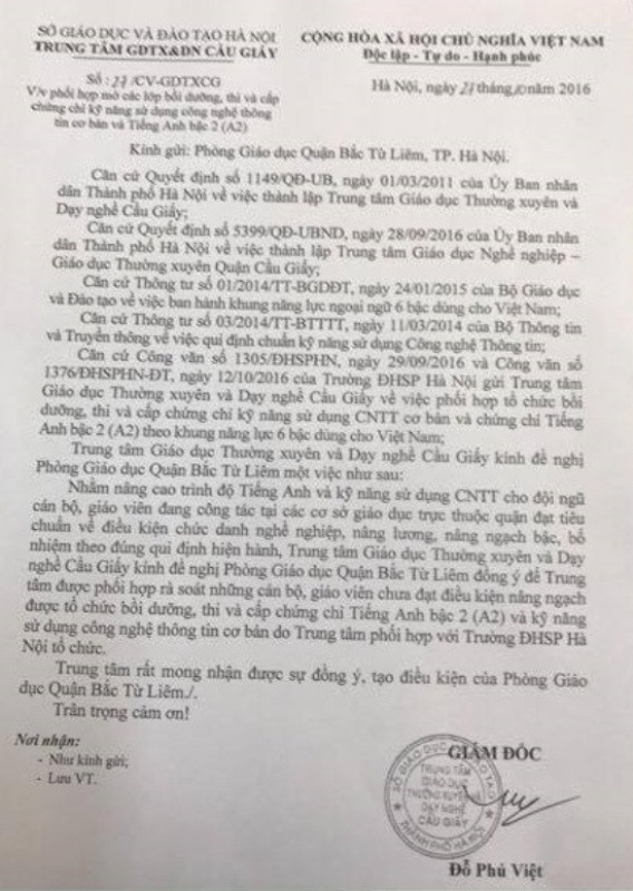 Chỉ là đơn vị sự nghiệp nhưng Trung tâm giáo dục thường xuyên và dạy nghề Cầu Giấy đã ngang nhiên ra văn bản gửi Phòng giáo dục đào tạo quận Bắc Từ Liêm đề nghị phối hợp rà soát những cán bộ, giáo viên chưa đạt điều kiện nâng ngạch. Ảnh (TH). Chỉ là đơn vị sự nghiệp nhưng Trung tâm giáo dục thường xuyên và dạy nghề Cầu Giấy đã ngang nhiên ra văn bản gửi Phòng giáo dục đào tạo quận Bắc Từ Liêm đề nghị phối hợp rà soát những cán bộ, giáo viên chưa đạt điều kiện nâng ngạch. Ảnh (TH).
