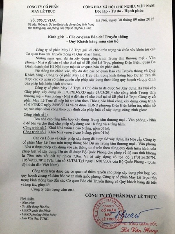 Thông báo được phía chủ đầu tư dự án số 8B Lê Trực phát đi cuối ngày 30/9 (nguồn ảnh Chí Kiên - Bizlive) Thông báo được phía chủ đầu tư dự án số 8B Lê Trực phát đi cuối ngày 30/9 (nguồn ảnh Chí Kiên - Bizlive)
