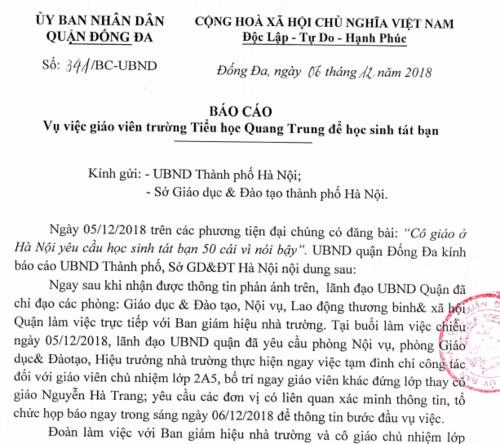 Ủy ban nhân dân quận Đống Đa có báo cáo gửi Ủy ban nhân dân thành phố Hà Nội, Sở Giáo dục và Đào tạo Hà Nội về vụ việc giáo viên Trường Tiểu học Quang Trung để học sinh tát bạn.(Ảnh chụp tài liệu)