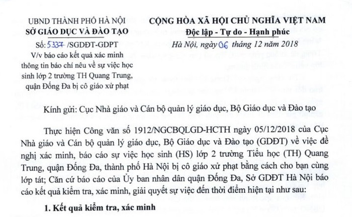 Theo báo cáo của Sở Giáo dục và Đào tạo Hà Nội, đoàn kiểm tra đã yêu cầu cô giáo Trang làm kiểm điểm, giải trình về sự việc xảy ra, tự nhận hình thức kỷ luật đối với khuyết điểm gây ra. Theo báo cáo của Sở Giáo dục và Đào tạo Hà Nội, đoàn kiểm tra đã yêu cầu cô giáo Trang làm kiểm điểm, giải trình về sự việc xảy ra, tự nhận hình thức kỷ luật đối với khuyết điểm gây ra.