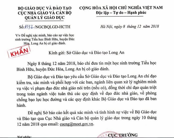 Bộ yêu cầu Sở Giáo dục Long An xác minh học sinh tiểu học bị đánh Bộ yêu cầu Sở Giáo dục Long An xác minh học sinh tiểu học bị đánh