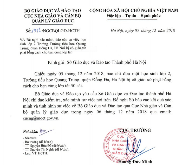 Cục Nhà giáo và cán bộ quản lý giáo dục (Bộ Giáo dục và Đào tạo) gửi văn bản tới Sở Giáo dục và Đào tạo Hà Nội đề nghị xác minh, báo cáo sự việc học sinh lớp 2 trường Tiểu học Quang Trung, Đống Đa, Hà Nội bị cô giáo xử phạt bằng cách cho bạn cùng lớp tát Cục Nhà giáo và cán bộ quản lý giáo dục (Bộ Giáo dục và Đào tạo) gửi văn bản tới Sở Giáo dục và Đào tạo Hà Nội đề nghị xác minh, báo cáo sự việc học sinh lớp 2 trường Tiểu học Quang Trung, Đống Đa, Hà Nội bị cô giáo xử phạt bằng cách cho bạn cùng lớp tát
