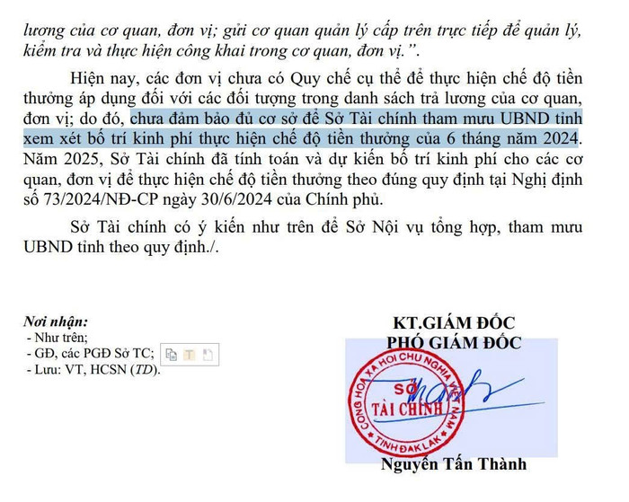 Nội dung trong văn bản số 4514/STC-HCSN của Sở Tài chính Đắk Lắk nêu lý do chưa đảm bảo đủ cơ sở để tham mưu bố trí kinh phí để thực hiện chế độ tiền thưởng theo Nghị định 73 của năm 2024. Ảnh: Độc giả cung cấp IMG_20250111_045111.jpg