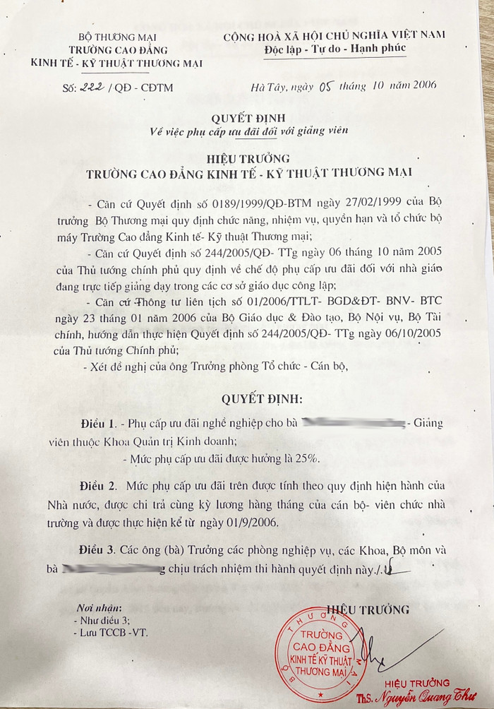 Nhiều giảng viên tại Trường Cao đẳng Kinh tế - Kỹ thuật thương mại có quyết định được hưởng mức ưu đãi nghề nghiệp từ năm 2006. Đến năm 2015 khoản tiền này đã không được Nhà trường chi trả. Ảnh: Giảng viên cung cấp GDVN_Phu cap nn (1).jpg