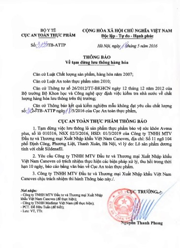 Cục An toàn thực phẩm ra Thông báo yêu cầu Công ty Canoves phải tiến hành dừng lưu thông với lô hàng dương tính với sildenafil.