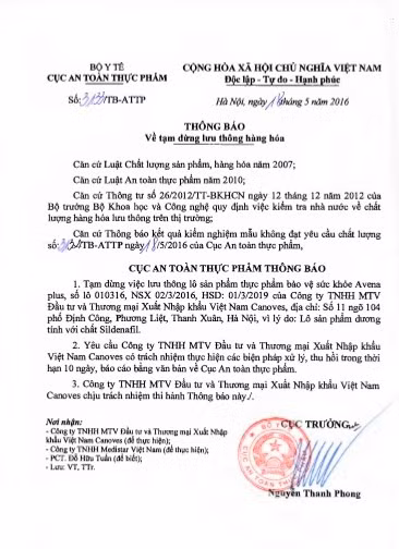 Cục An toàn thực phẩm ra Thông báo yêu cầu Công ty Canoves phải tiến hành dừng lưu thông với lô hàng dương tính với sildenafil.