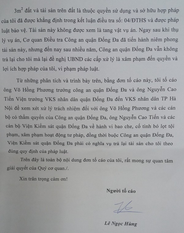 Đơn tố cáo ông Võ Hồng Phương, Trưởng Công an quận Đống Đa và ông Nguyễn Cao Tiến, Viện trưởng Viện Kiểm sát nhân dân quận Đống Đa hành vi xâm phạm hoạt động tư pháp của ông Lê Ngọc Hùng gửi Báo điện tử Giáo dục Việt Nam. Ảnh Bảo Nam.