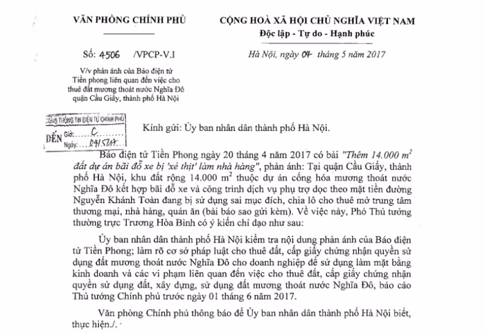 Văn bản chỉ đạo của Văn phòng Chính phủ gửi thành phố Hà Nội về việc kiểm tra nội dung, làm rõ cơ sở pháp luật cho thuê đất, cấp giấy chứng nhận quyền sử dụng đất mương thoát nước Nghĩa Đô. Ảnh Trần Việt.