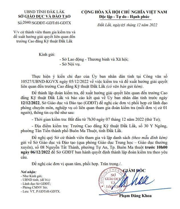 Công văn của Sở Giáo dục và Đào tạo Đắk Lắk. Ảnh: CTV Công văn của Sở Giáo dục và Đào tạo Đắk Lắk. Ảnh: CTV