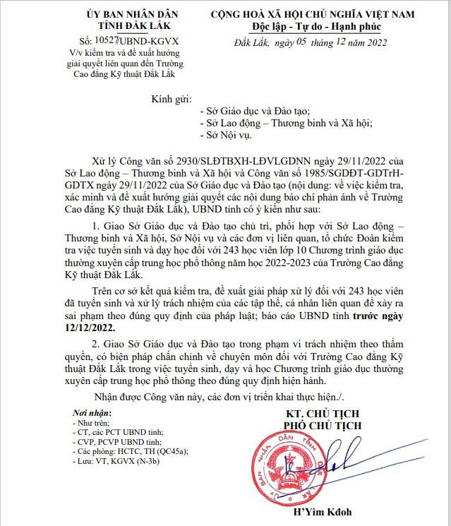 Công văn chỉ đạo của Ủy ban nhân dân tỉnh Đắk Lắk. Ảnh: CTV Công văn chỉ đạo của Ủy ban nhân dân tỉnh Đắk Lắk. Ảnh: CTV