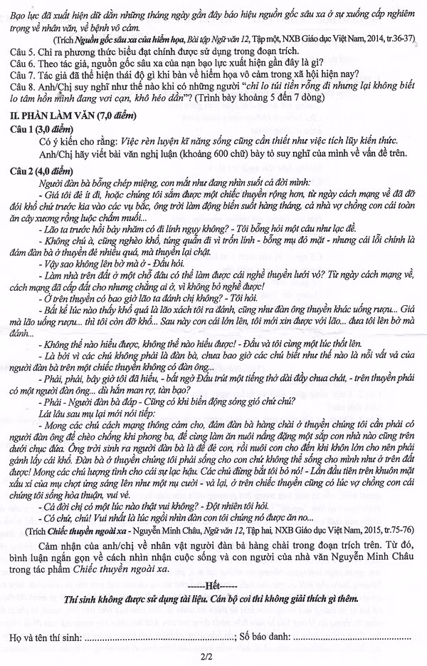 Đề thi Tốt nghiệp THPT môn Ngữ văn năm 2015 (Ảnh: Phạm Ngọc Hiền)