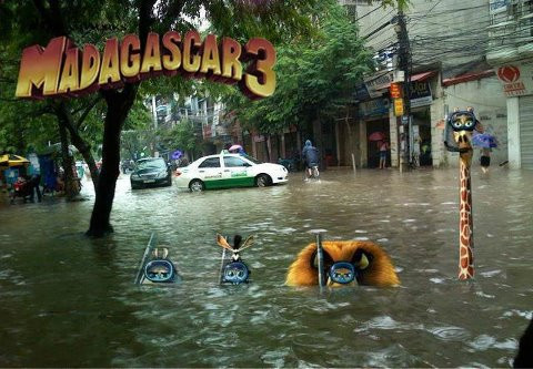 Còn đây ! Sư tử Alex, ngựa vằn Marty, Hà mã dễ thương Gloria, và Hươu Cao cổ Melman đang 'ngụp lặn' trên một con phố của Hà Nội (ảnh sưu tầm facebook)