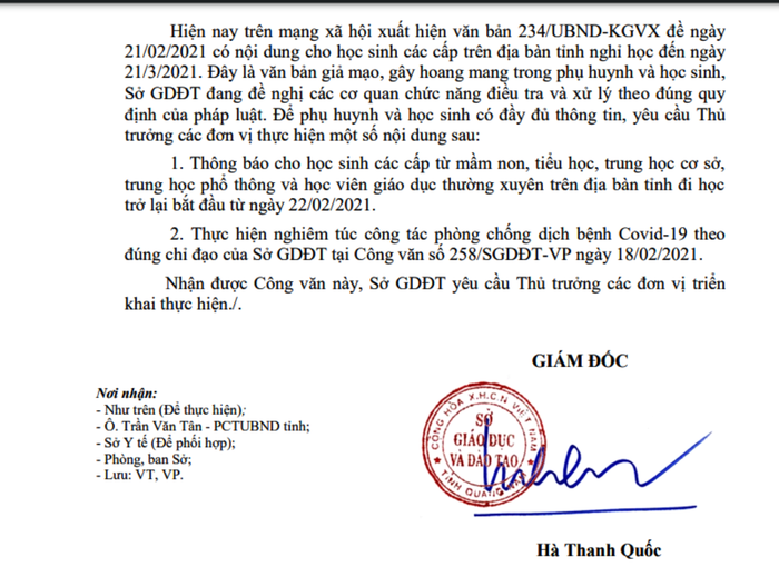 Công văn chính thức của Sở Giáo dục và Đào tạo Quảng Nam về việc cho học sinh đi học trở lại từ ngày 22/2. Ảnh: AN Công văn chính thức của Sở Giáo dục và Đào tạo Quảng Nam về việc cho học sinh đi học trở lại từ ngày 22/2. Ảnh: AN