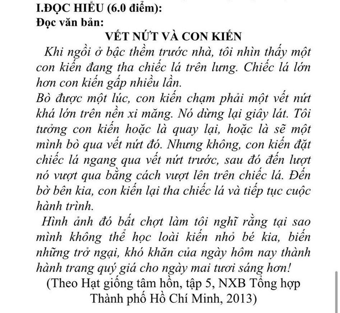 Phần đọc - hiểu trong một đề kiểm tra cho học sinh lớp 10 tại Trường Cao đẳng Xây dựng Công trình đô thị sử dụng ngữ liệu từ cuốn sách “Hạt giống tâm hồn”. (Nguồn: NVCC) Phần đọc - hiểu trong một đề kiểm tra cho học sinh lớp 10 tại Trường Cao đẳng Xây dựng Công trình đô thị sử dụng ngữ liệu từ cuốn sách “Hạt giống tâm hồn”. (Nguồn: NVCC)