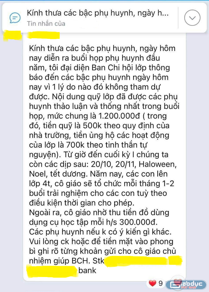 Ban phụ huynh một lớp thông báo khoản thu quỹ với tổng số tiền 1,5 triệu đồng (Ảnh: phụ huynh cung cấp) Ban phụ huynh một lớp thông báo khoản thu quỹ với tổng số tiền 1,5 triệu đồng (Ảnh: phụ huynh cung cấp)