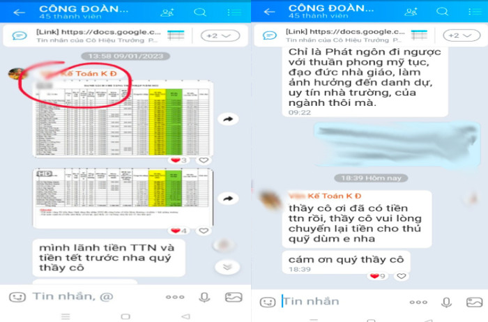 Thông báo của một người được cho là kế toán nhà trường trong nhóm zalo công đoàn về việc yêu cầu giáo viên chuyển lại tiền tăng thu nhập năm 2022 cho thủ quỹ. Ảnh: Giáo viên cung cấp GDVN_anh gvcc1.jpg