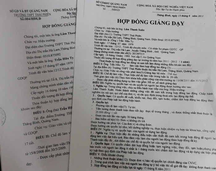 Hợp đồng giảng dạy của thầy Trần Hữu Ty, trường trung học phổ thông Thái Phiên (Quảng Nam) được ký nhiều lần. Ảnh: TT Hợp đồng giảng dạy của thầy Trần Hữu Ty, trường trung học phổ thông Thái Phiên (Quảng Nam) được ký nhiều lần. Ảnh: TT