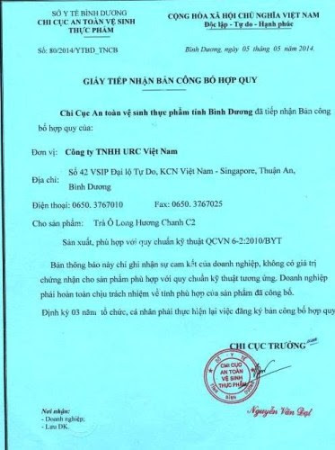 Công ty URC luôn khẳng định chất lượng sản phẩm (ảnh giấy tiếp nhận bản công bố hợp quy với sản phẩm trà xanh C2 Ô Long hương chanh do Bình Dương cấp (Ảnh: CTV).