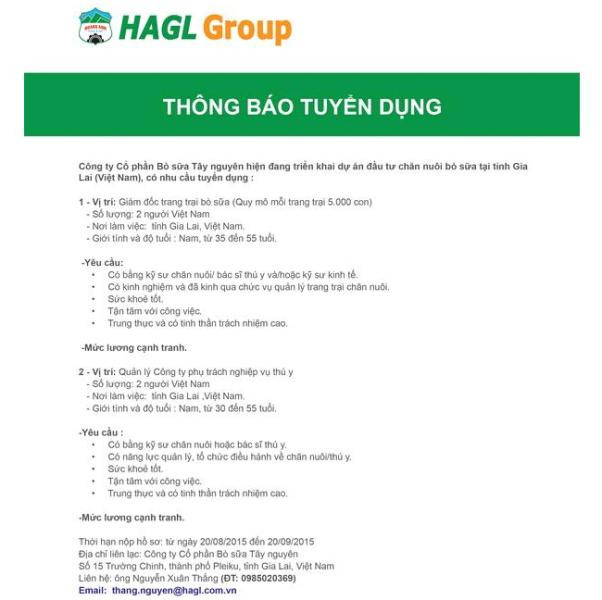 Thông báo tuyển nhân sự nhằm phát triển chăn nuôi bò của công ty con thuộc Tập đoàn Hoàng Anh Gia Lai Thông báo tuyển nhân sự nhằm phát triển chăn nuôi bò của công ty con thuộc Tập đoàn Hoàng Anh Gia Lai
