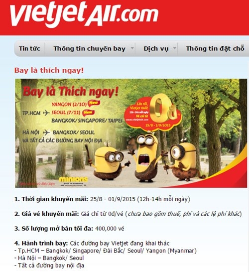 Vietjet đang mở bán hơn 400.000 vé máy bay giá rẻ chỉ từ 0 đồng vào khung giờ vàng khuyến mãi (12 giờ- 14 giờ hàng ngày). Vietjet đang mở bán hơn 400.000 vé máy bay giá rẻ chỉ từ 0 đồng vào khung giờ vàng khuyến mãi (12 giờ- 14 giờ hàng ngày).