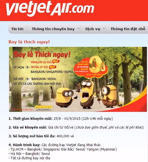 Vietjet đang mở bán hơn 400.000 vé máy bay giá rẻ chỉ từ 0 đồng vào khung giờ vàng khuyến mãi (12 giờ- 14 giờ hàng ngày).