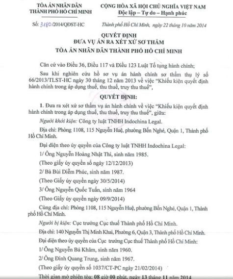 Quyết định đưa vụ kiện của Công ty Luật TNHH Indochina Legal ra xét xử sơ thẩm của Tòa án nhân dân TP.HCM