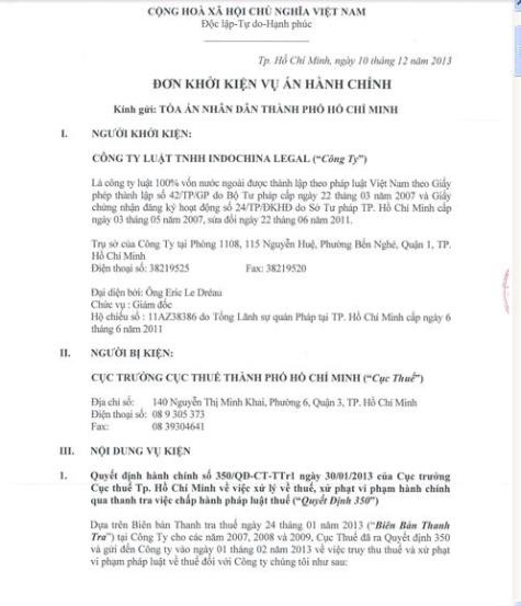 Đơn khởi kiện của Công ty Luật TNHH Indochina Legal