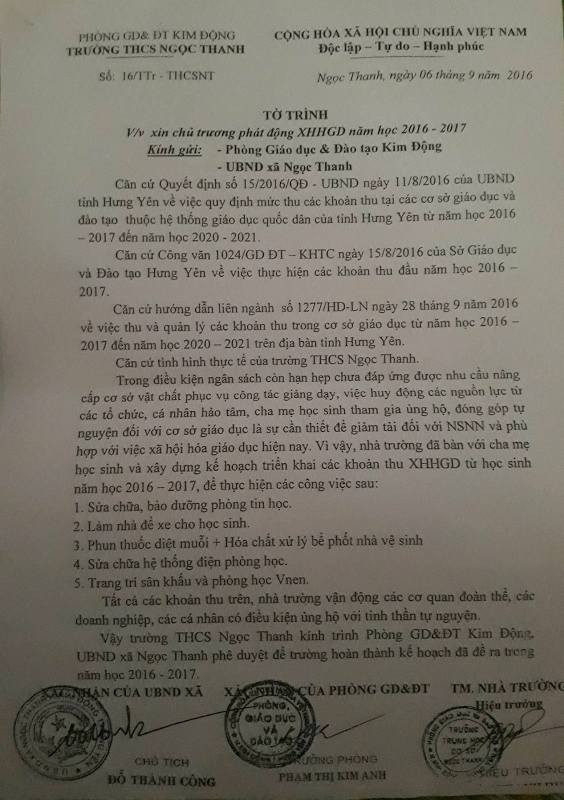 Tờ trình xin chủ trương phát động xã hội hóa giáo dục xã hội năm học 2016 - 2017 của Trường trung học cơ sở Ngọc Thanh. Ảnh Trần Việt. Tờ trình xin chủ trương phát động xã hội hóa giáo dục xã hội năm học 2016 - 2017 của Trường trung học cơ sở Ngọc Thanh. Ảnh Trần Việt.