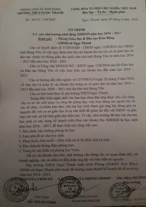Tờ trình xin chủ trương phát động xã hội hóa giáo dục xã hội năm học 2016 - 2017 của Trường trung học cơ sở Ngọc Thanh. Ảnh Trần Việt.