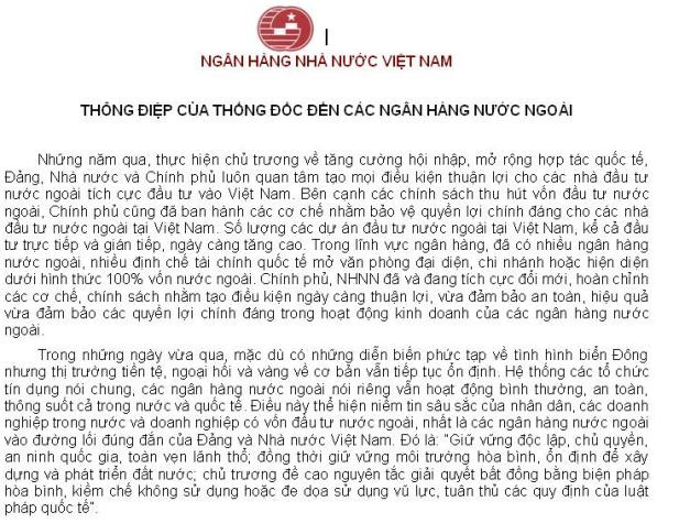 Thông điệp gửi các ngân hàng nước ngoài của Thống đốc NHNN Nguyễn Văn Bình Thông điệp gửi các ngân hàng nước ngoài của Thống đốc NHNN Nguyễn Văn Bình