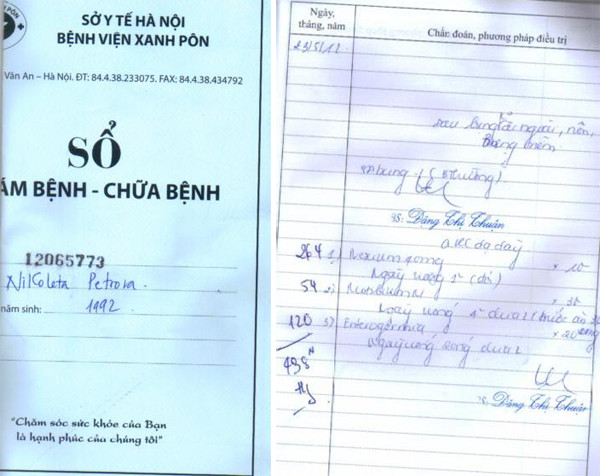 Vũ công người Bulgari gửi sổ khám bệnh trong đó có chẩn đoán của bác sĩ về việc cô bị ngộ độc thực phẩm.
