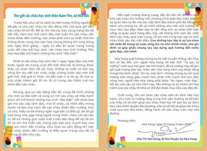 Thư của ông Tô Văn Hùng - Bí thư huyện ủy Hòa Vang gởi các cháu học sinh thôn Nam Yên, xã Hòa Bắc. Ảnh: Huyện ủy Hòa Vang. Thư của ông Tô Văn Hùng - Bí thư huyện ủy Hòa Vang gởi các cháu học sinh thôn Nam Yên, xã Hòa Bắc. Ảnh: Huyện ủy Hòa Vang.