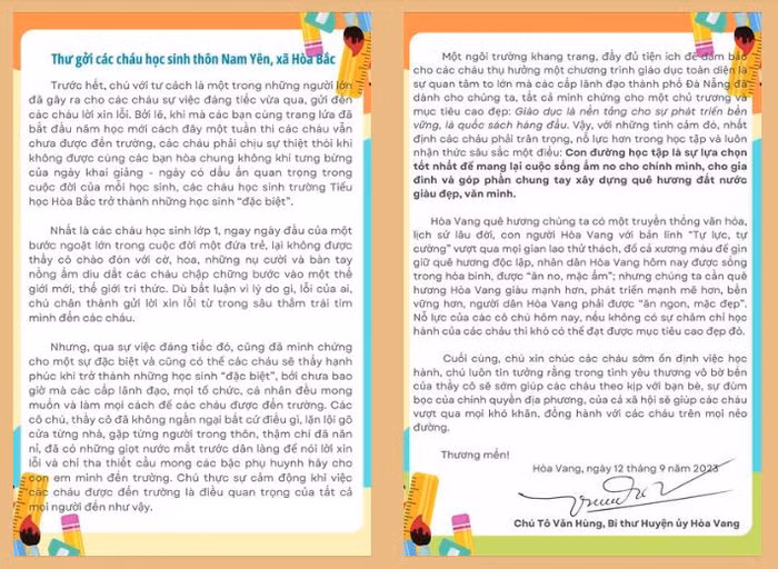 Thư của ông Tô Văn Hùng - Bí thư huyện ủy Hòa Vang gởi các cháu học sinh thôn Nam Yên, xã Hòa Bắc. Ảnh: Huyện ủy Hòa Vang.