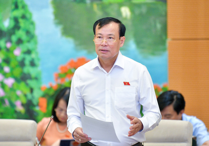 Chủ nhiệm Ủy ban Quốc phòng và An ninh của Quốc hội Lê Tấn Tới, Phó Trưởng đoàn Thường trực Đoàn giám sát trình bày báo cáo. Ảnh: quochoi.vn.