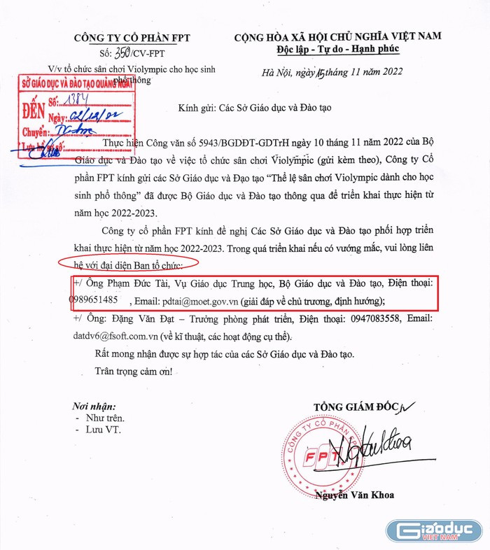 Công văn số 350/CV-FPT của Công ty Cổ phần FPT được Sở Giáo dục và Đào tạo Quảng Ngãi chuyển đến các trường. Ảnh: Mạnh Đoàn. Công văn số 350/CV-FPT của Công ty Cổ phần FPT được Sở Giáo dục và Đào tạo Quảng Ngãi chuyển đến các trường. Ảnh: Mạnh Đoàn.