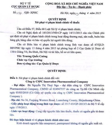 Quyết định xử phạt Công ty CSPC Innovation Pharmaceutical Company của Cục Quản lý Dược (Bộ Y tế) Quyết định xử phạt Công ty CSPC Innovation Pharmaceutical Company của Cục Quản lý Dược (Bộ Y tế)