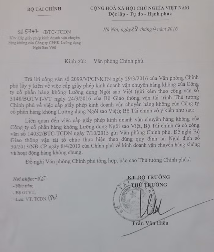 Văn bản số 5747 gửi Văn phòng Chính phủ của Bộ Tài chính