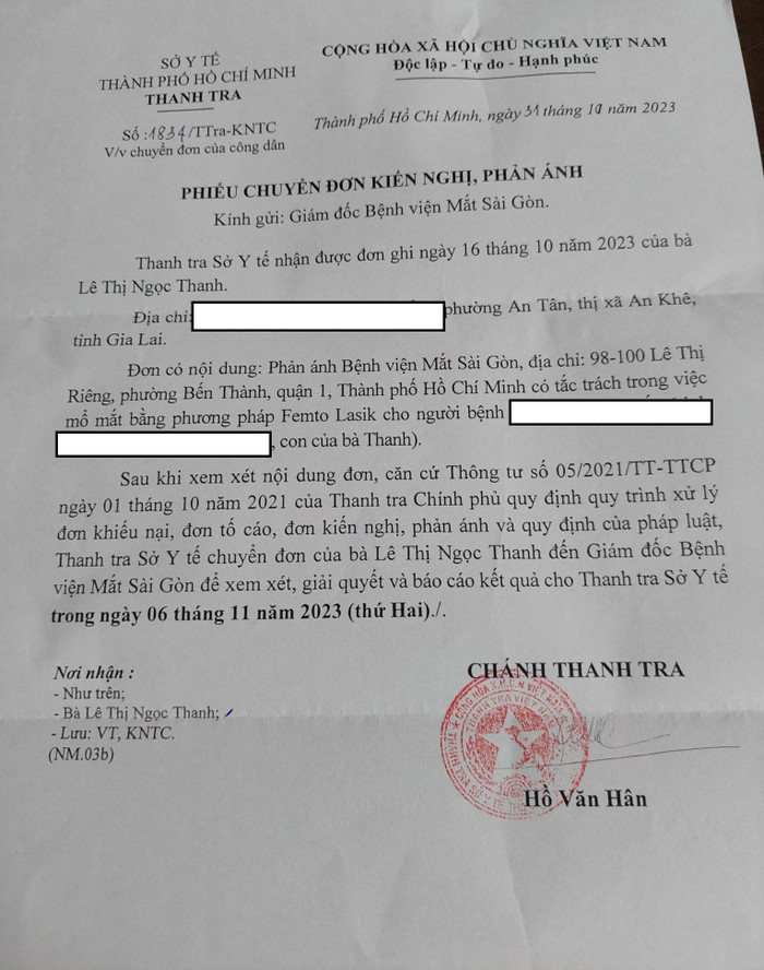 Ngày 31/10/2023, Thanh tra Sở Y tế Thành phố Hồ Chí Minh có phiếu chuyển đơn của công dân gửi đến Giám đốc Bệnh viện Mắt Sài Gòn (Địa chỉ: 100 Lê Thị Riêng, phường Bến Thành, Quận 1, Thành phố Hồ Chí Minh).