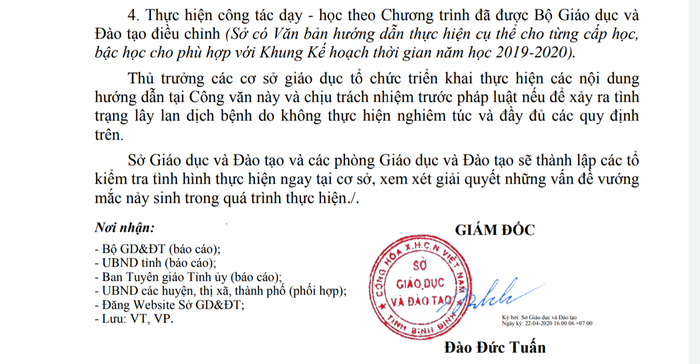 Công văn về việc cho học sinh sớm trở lại trường của Sở Giáo dục và Đào tạo tỉnh Bình Định. Ảnh: AP Công văn về việc cho học sinh sớm trở lại trường của Sở Giáo dục và Đào tạo tỉnh Bình Định. Ảnh: AP
