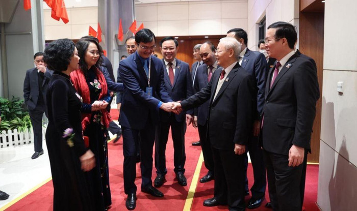 Tổng Bí thư Nguyễn Phú Trọng cùng các đồng chí lãnh đạo Đảng, Nhà nước dự Lễ khai mạc Đại hội Đoàn toàn quốc lần thứ XII. Ảnh: vov.vn