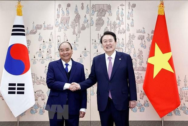 Chủ tịch nước Nguyễn Xuân Phúc và Tổng thống Yoon Suk-yeol. (Ảnh: Thống Nhất/TTXVN) Chủ tịch nước Nguyễn Xuân Phúc và Tổng thống Yoon Suk-yeol. (Ảnh: Thống Nhất/TTXVN)