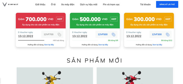 Từ ngày 06/12/2023 đến hết ngày 05/01/2023, vào 0h sáng hàng ngày, một số lượng e-voucher với mệnh giá 300.000 đồng, 500.000 đồng và 700.000 đồng sẽ được VinFast phát hành. Từ ngày 06/12/2023 đến hết ngày 05/01/2023, vào 0h sáng hàng ngày, một số lượng e-voucher với mệnh giá 300.000 đồng, 500.000 đồng và 700.000 đồng sẽ được VinFast phát hành.