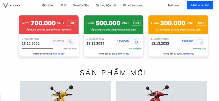 Từ ngày 06/12/2023 đến hết ngày 05/01/2023, vào 0h sáng hàng ngày, một số lượng e-voucher với mệnh giá 300.000 đồng, 500.000 đồng và 700.000 đồng sẽ được VinFast phát hành. Từ ngày 06/12/2023 đến hết ngày 05/01/2023, vào 0h sáng hàng ngày, một số lượng e-voucher với mệnh giá 300.000 đồng, 500.000 đồng và 700.000 đồng sẽ được VinFast phát hành.