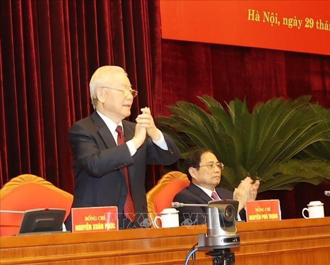 Tổng Bí thư Nguyễn Phú Trọng cùng các đồng chí lãnh đạo Đảng và Nhà nước chủ trì hội nghị. Ảnh: Trí Dũng/TTXVN