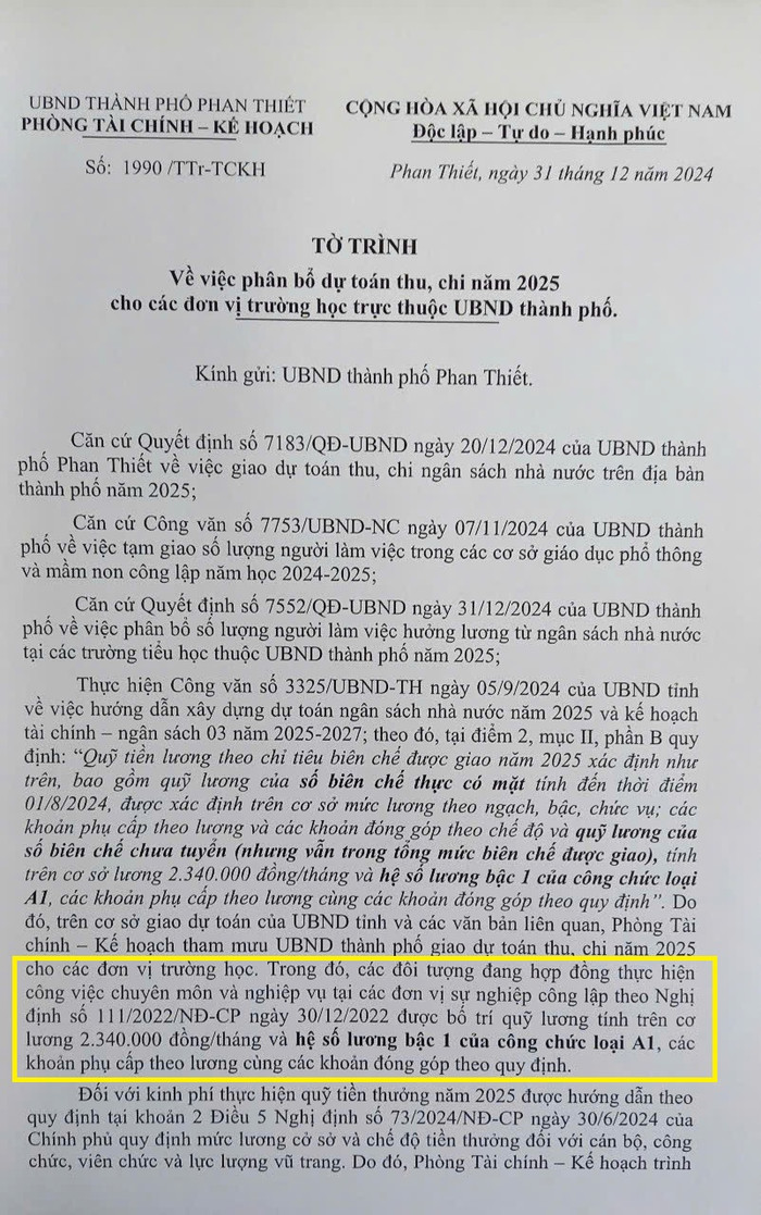 Nội dung về mức giảm hệ số lương đối với giáo viên hợp đồng trong Tờ trình của Phòng Tài chính - kế hoạch thành phố Phan Thiết gửi Ủy ban nhân dân thành phố. Ảnh: GVCC to tình.jpg